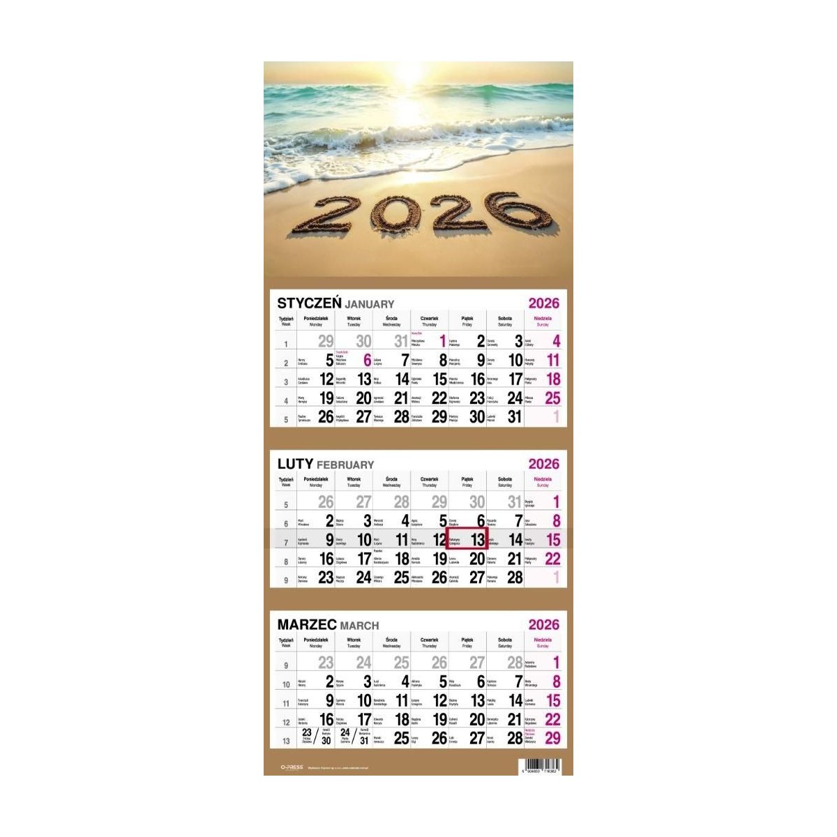 Kalendarz naścienny trójdzielny 31x79cm 2026 plaża O-Press