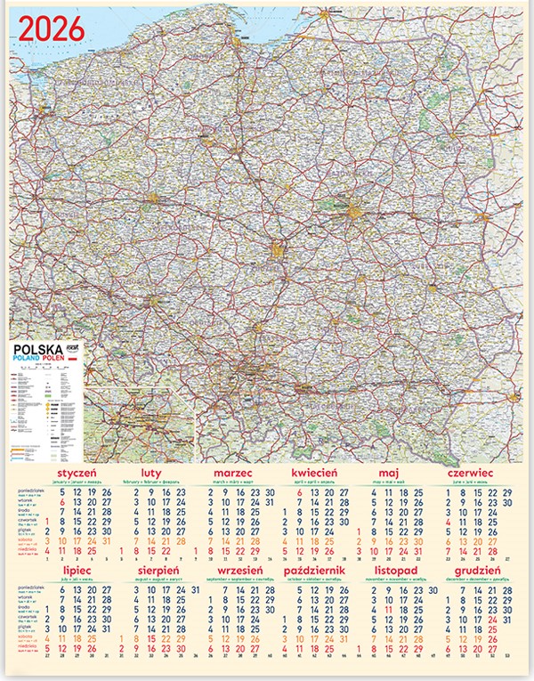 Kalendarz jednoplanszowy ścienny B1 68x98cm 2026 mapa Telegraph