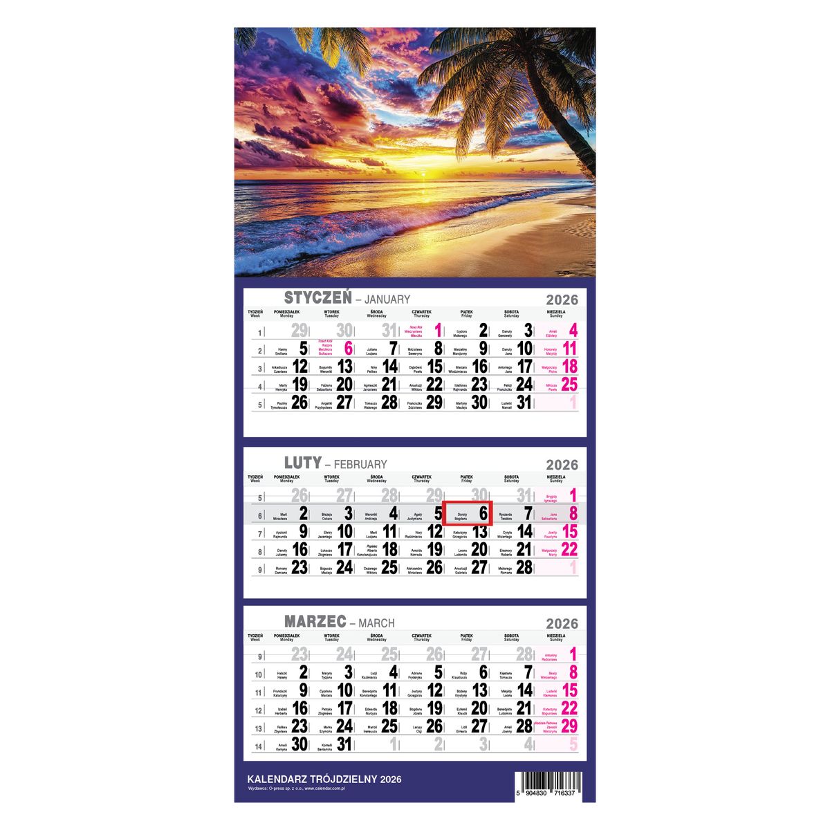 Kalendarz naścienny trójdzielny 21x49cm 2026 plaża O-Press