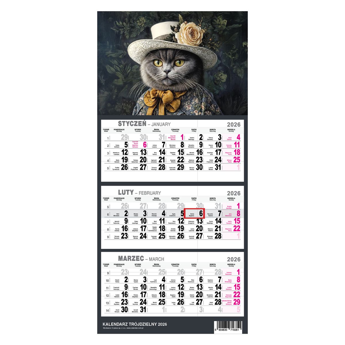 Kalendarz naścienny trójdzielny 21x49cm 2026 kot O-Press