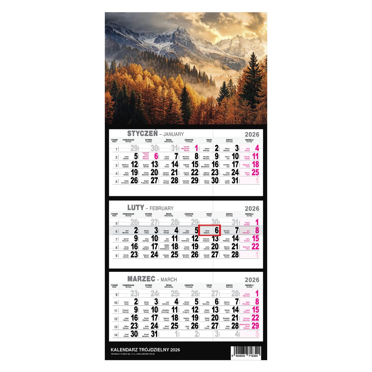Kalendarz naścienny trójdzielny 21x49cm 2026 góry O-Press