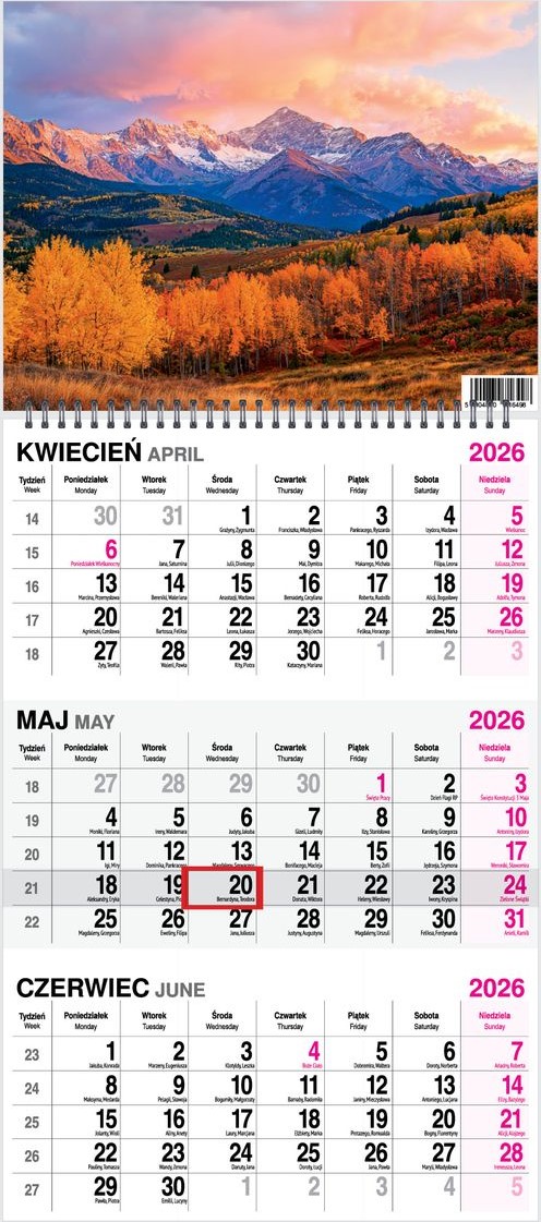 Kalendarz naścienny trójdzielny spirala 31x79cm 2026 góry O-Press