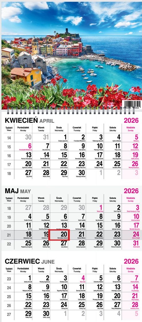 Kalendarz naścienny trójdzielny spirala 31x79cm 2026 widok O-Press