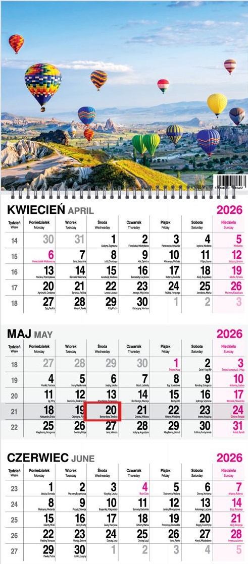 Kalendarz naścienny trójdzielny spirala 31x79cm 2026 balony O-Press