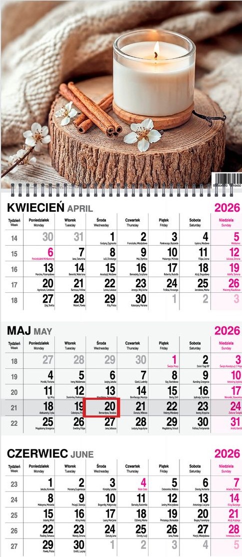 Kalendarz naścienny trójdzielny spirala 31x79cm 2026 kawa O-Press