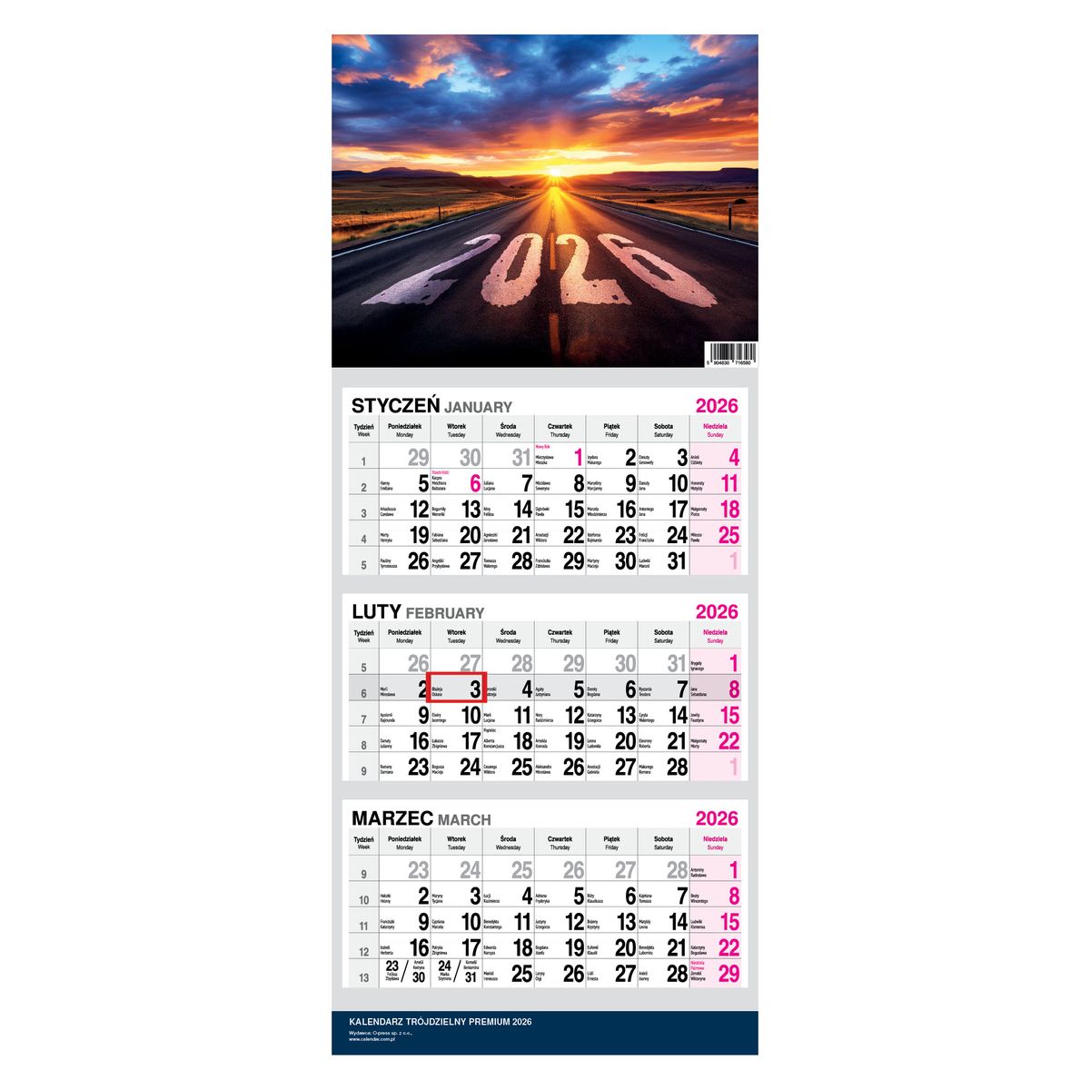 Kalendarz naścienny trójdzielny 31x79cm 2026 premium droga O-Press