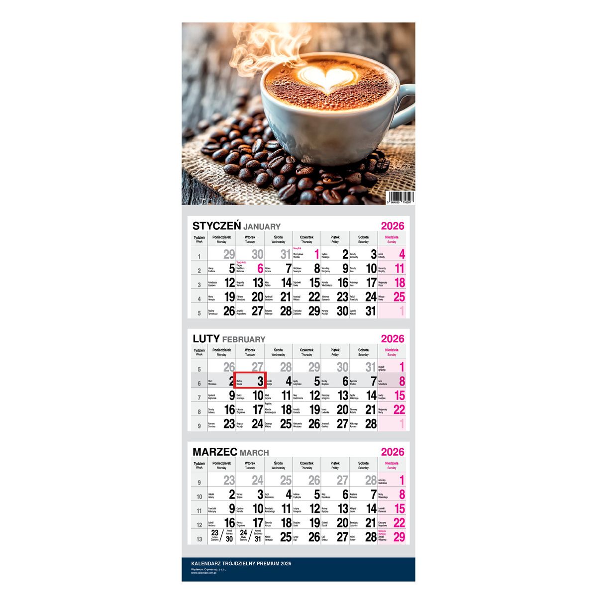 Kalendarz naścienny trójdzielny 31x79cm 2026 premium kawa O-Press