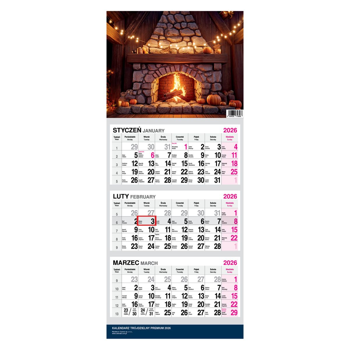 Kalendarz naścienny trójdzielny 31x79cm 2026 premium kominek O-Press