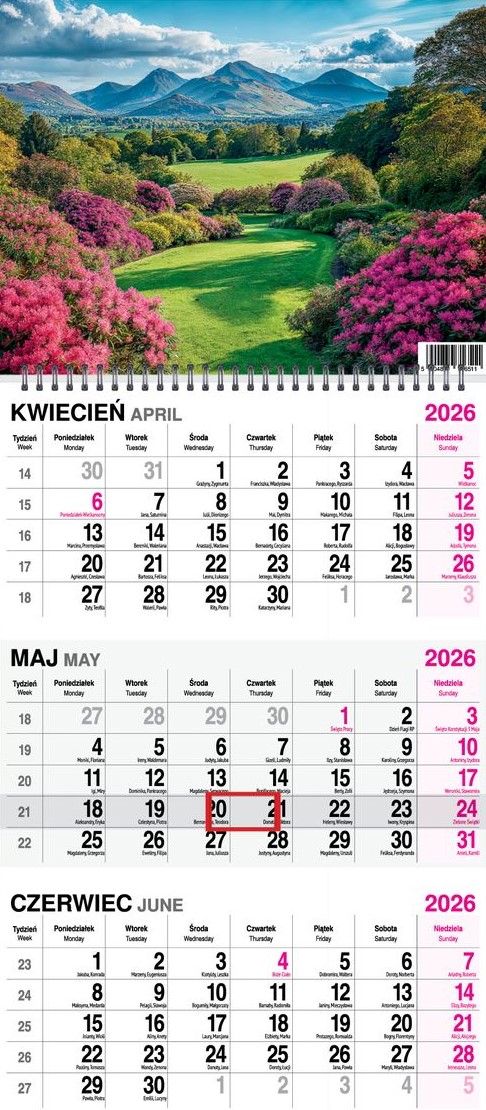 Kalendarz naścienny trójdzielny spirala 31x79cm 2026 ogrody O-Press