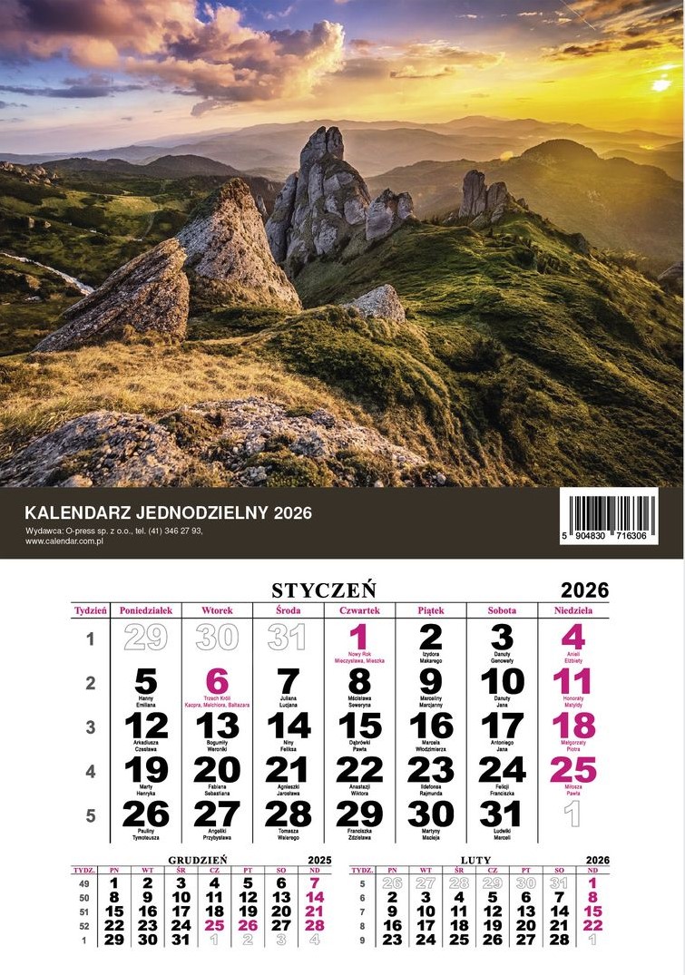 Kalendarz naścienny jednodzielny 21x30cm 2026 góry O-Press