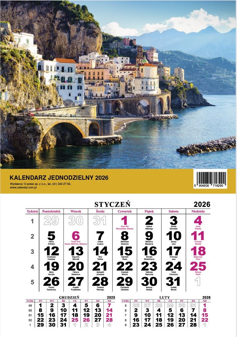 Kalendarz naścienny jednodzielny 21x30cm 2026 widok O-Press