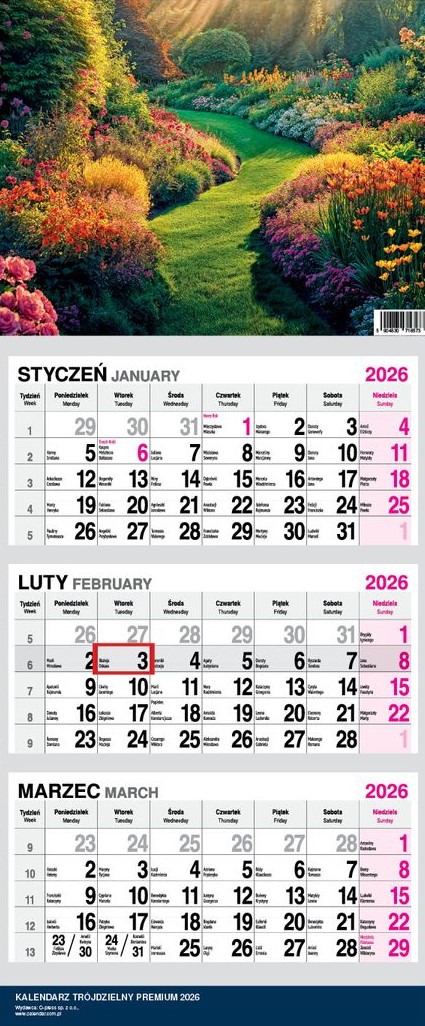 Kalendarz naścienny trójdzielny 31x79cm 2026 premium ogród O-Press