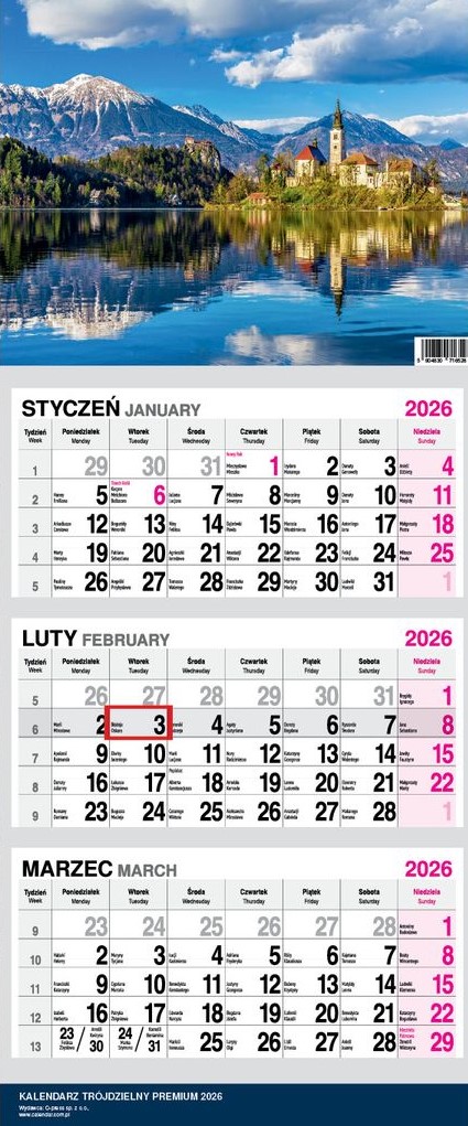 Kalendarz naścienny trójdzielny 31x79cm 2026 premium widok O-Press