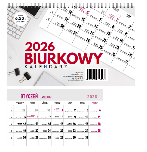 Kalendarz biurkowy poziomy miesięczny 15x24cm 2026 O-Press