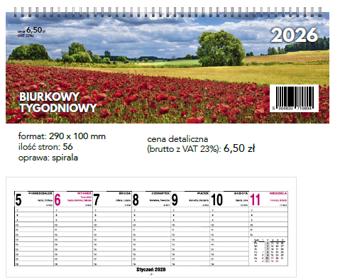 Kalendarz biurkowy poziomy tygodniowy 10x29cm 2026 O-Press