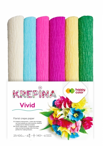 Bibuła marszczona 6 kolorów 25x100cm vivid Happy Color