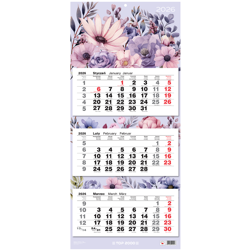 Kalendarz naścienny trójdzielny 31x72cm 2026 kwiaty TOP-2000