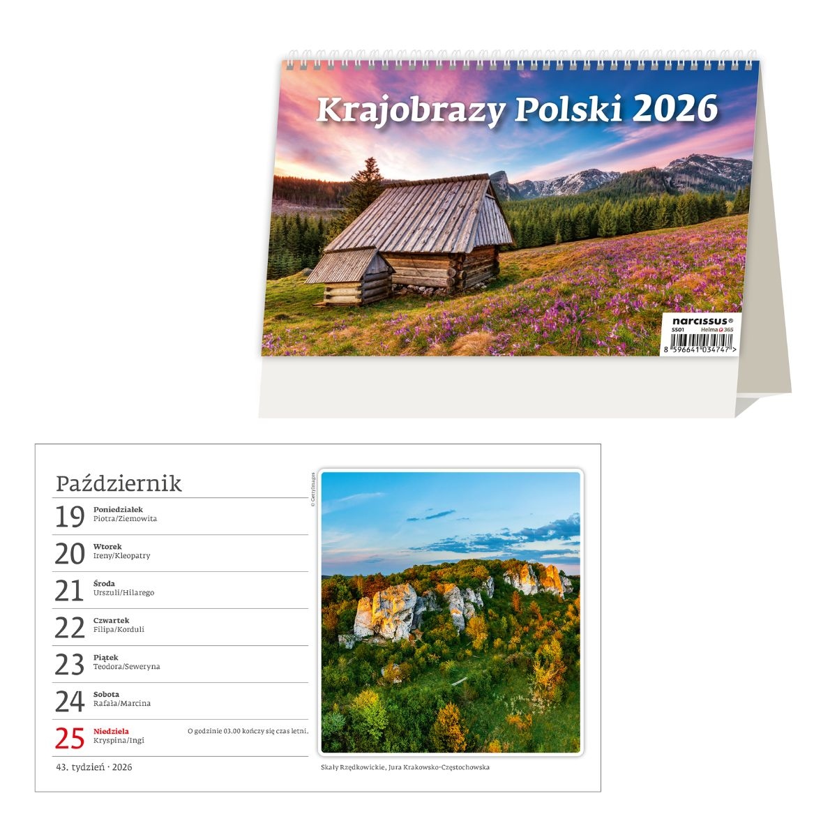 Kalendarz biurkowy pionowy tygodniowy 22x24cm 2026 krajobrazy Polski Helma