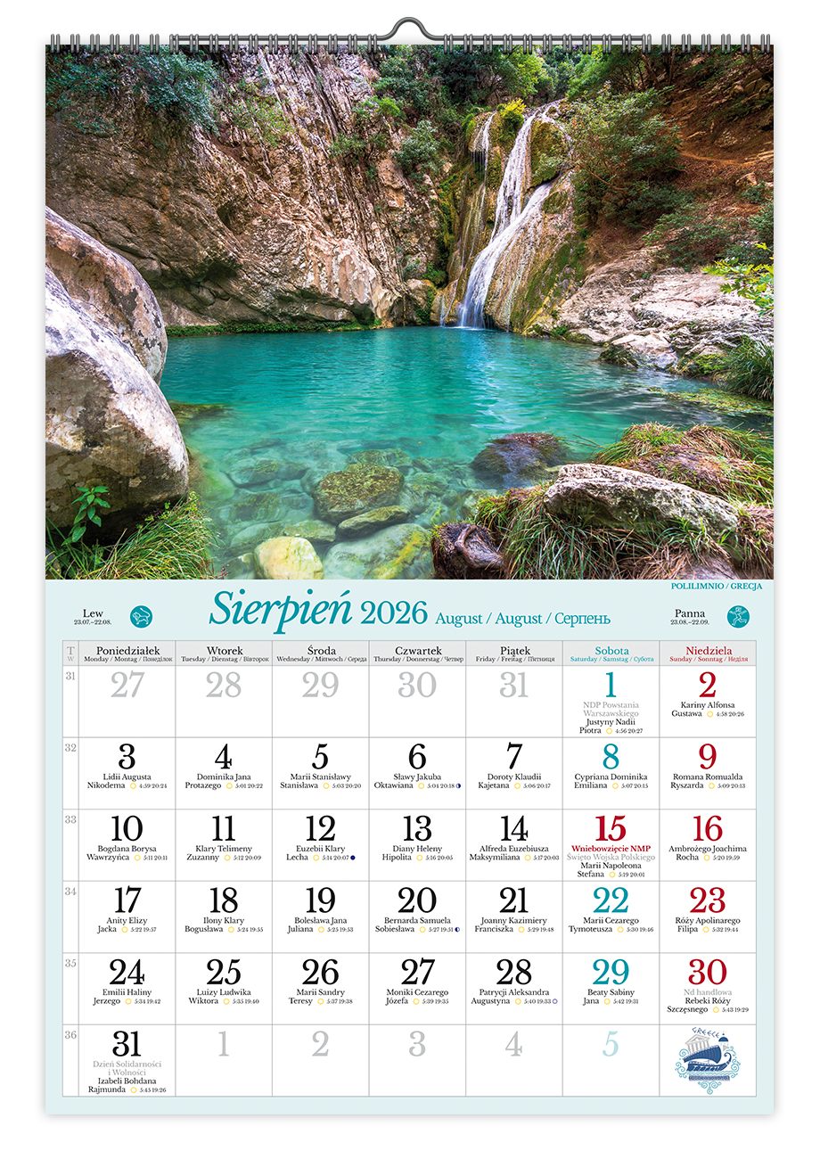Kalendarz naścienny wieloplanszowy A3 2026 wodospady Pan Kalendarzyk