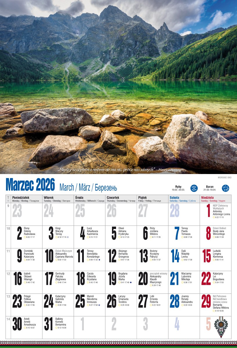 Kalendarz naścienny wieloplanszowy 31x45cm 2026 Tatry Pan Kalendarzyk