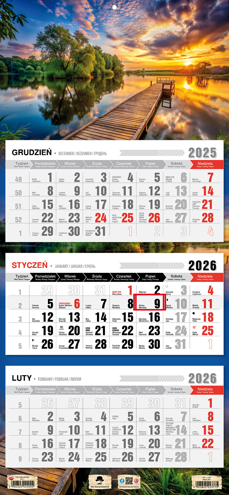 Kalendarz naścienny trójdzielny 32x68cm 2026 Mazury Pan Kalendarzyk