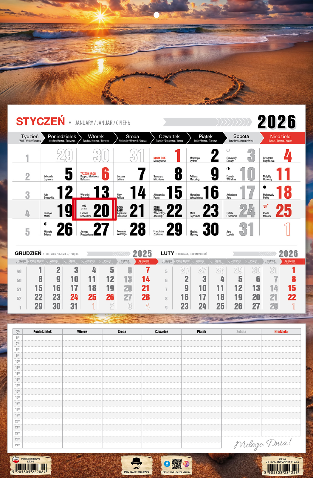 Kalendarz naścienny jednodzielny 32x48cm 2026 romantyczna plaża Pan Kalendarzyk