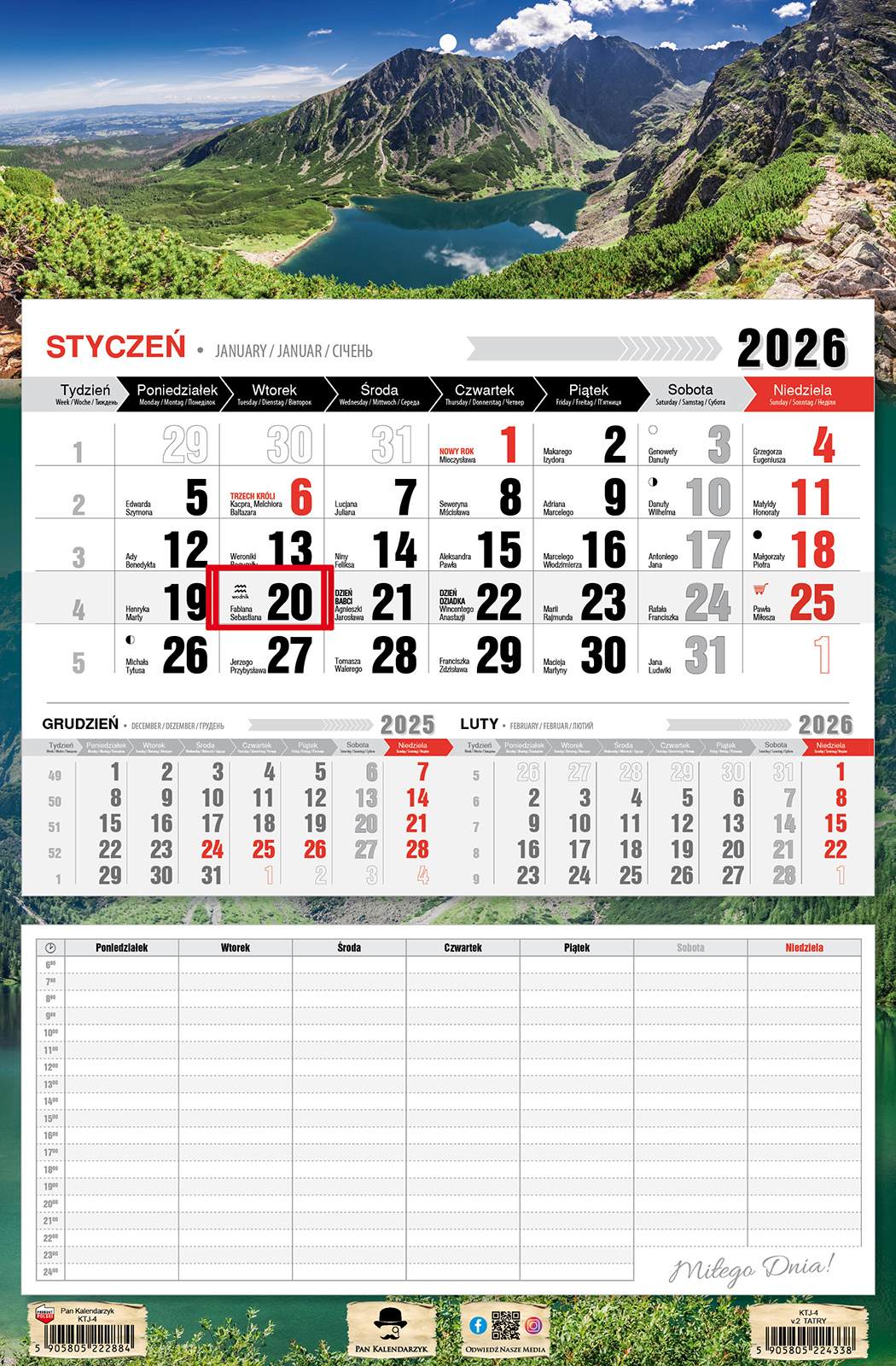 Kalendarz naścienny jednodzielny 32x48cm 2026 Tatry Pan Kalendarzyk