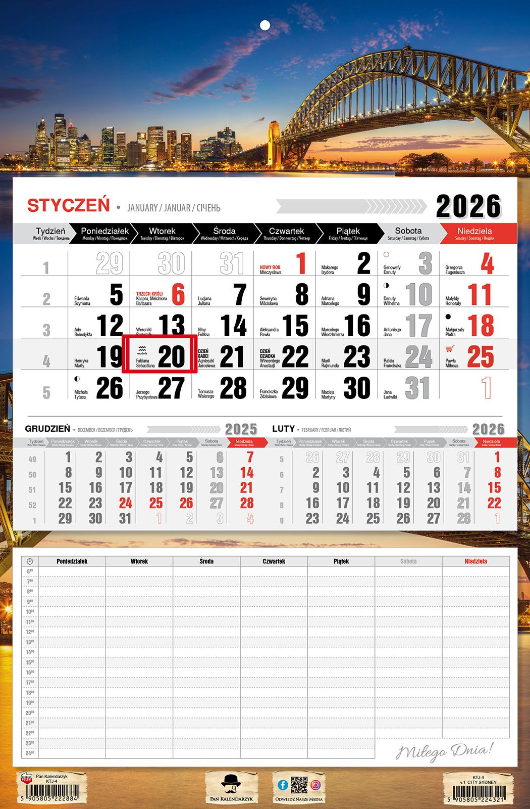 Kalendarz naścienny jednodzielny 32x48cm 2026 Sidney Pan Kalendarzyk