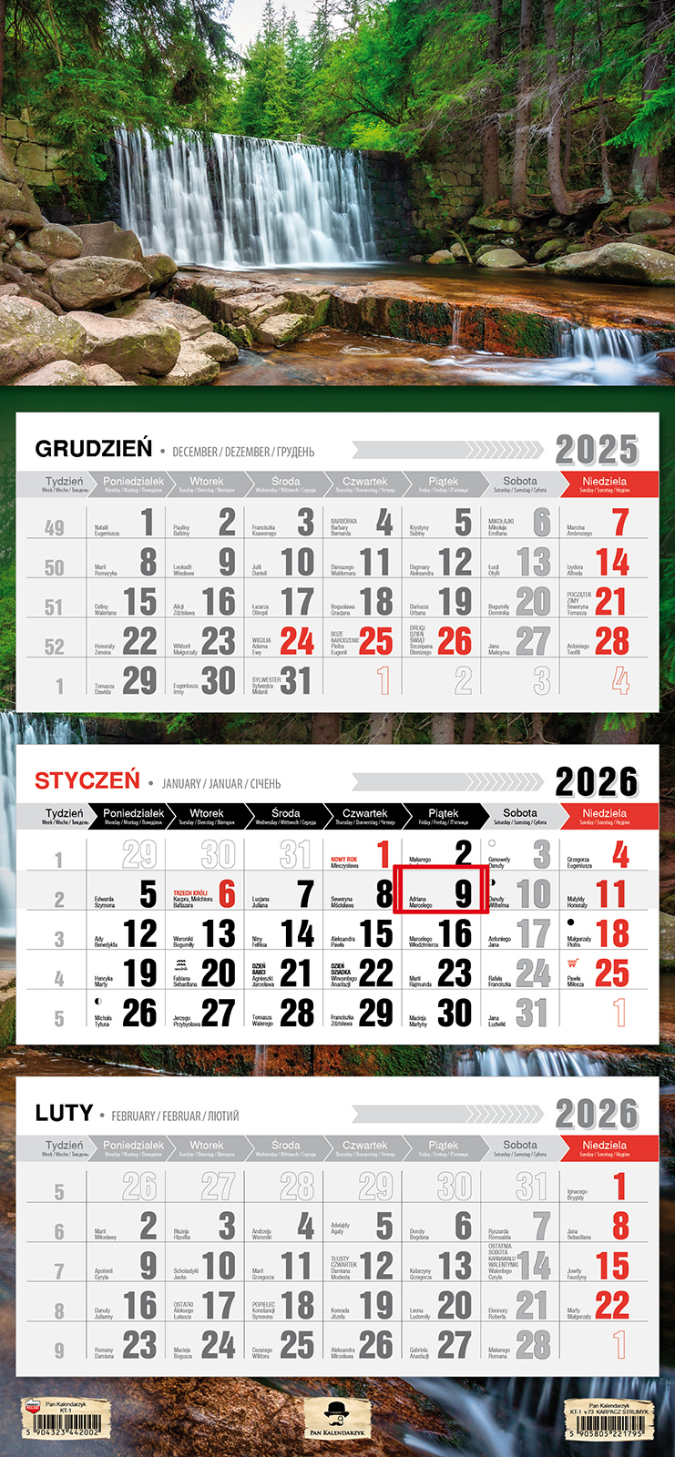 Kalendarz naścienny trójdzielny 32x68cm 2026 karpacz strumyk Pan Kalendarzyk