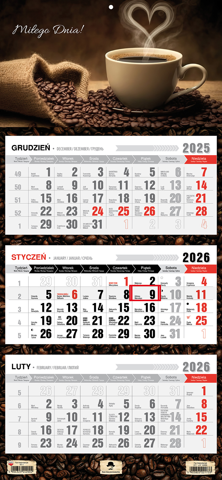 Kalendarz naścienny trójdzielny 32x68cm 2026 kawa Pan Kalendarzyk