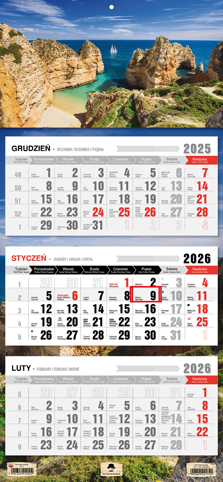 Kalendarz naścienny trójdzielny 32x68cm 2026 zatoka Pan Kalendarzyk