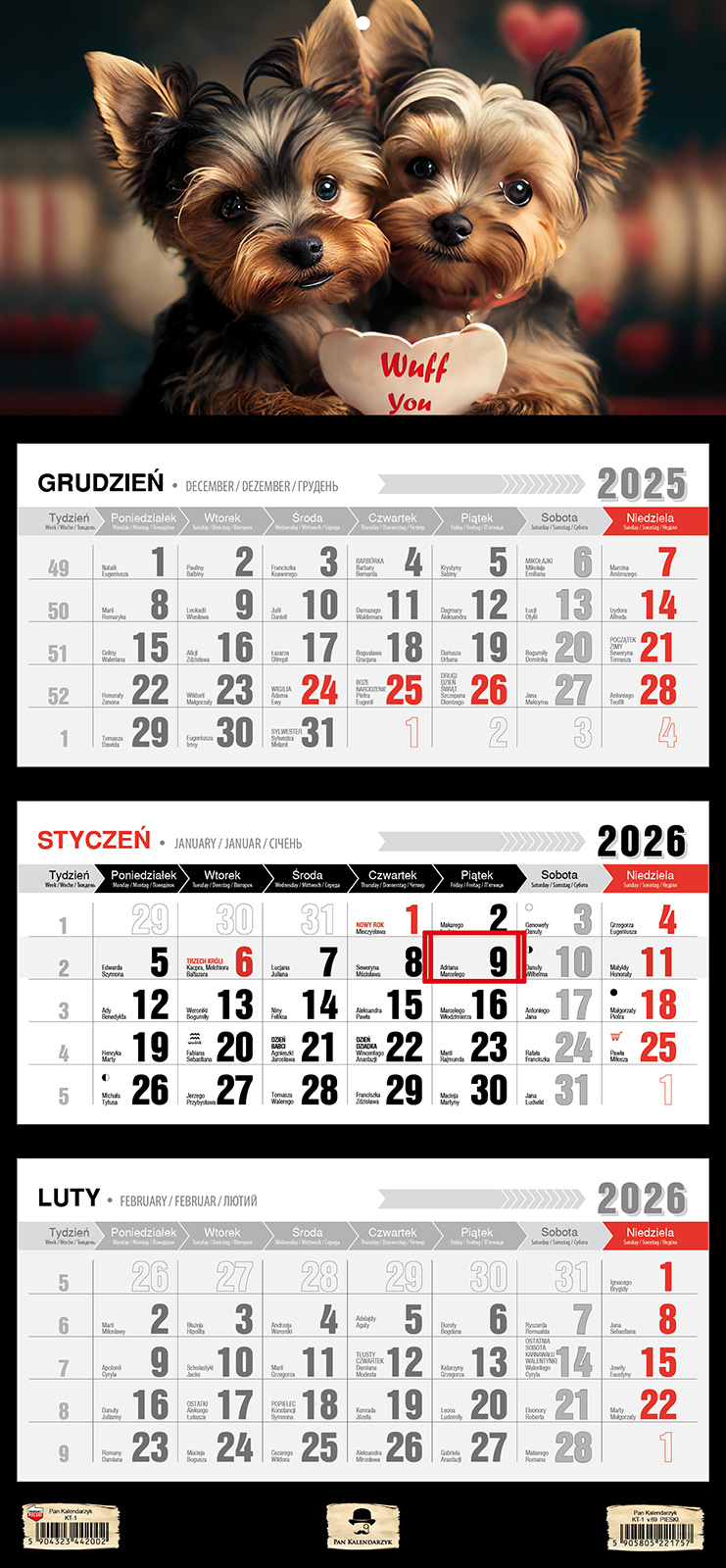 Kalendarz naścienny trójdzielny 32x68cm 2026 pieski Pan Kalendarzyk
