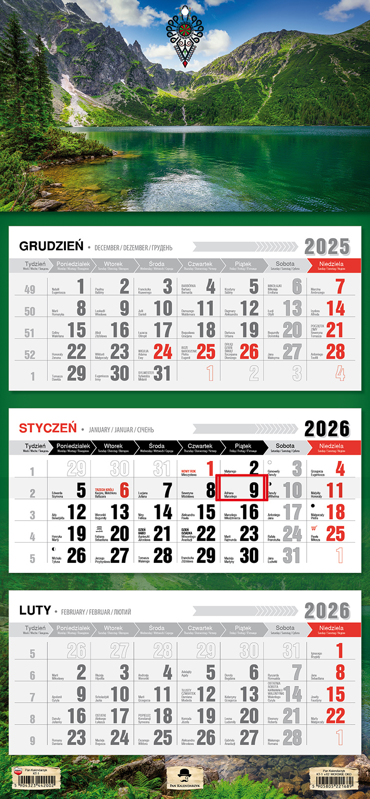 Kalendarz naścienny trójdzielny 32x68cm 2026 Morskie Oko Pan Kalendarzyk