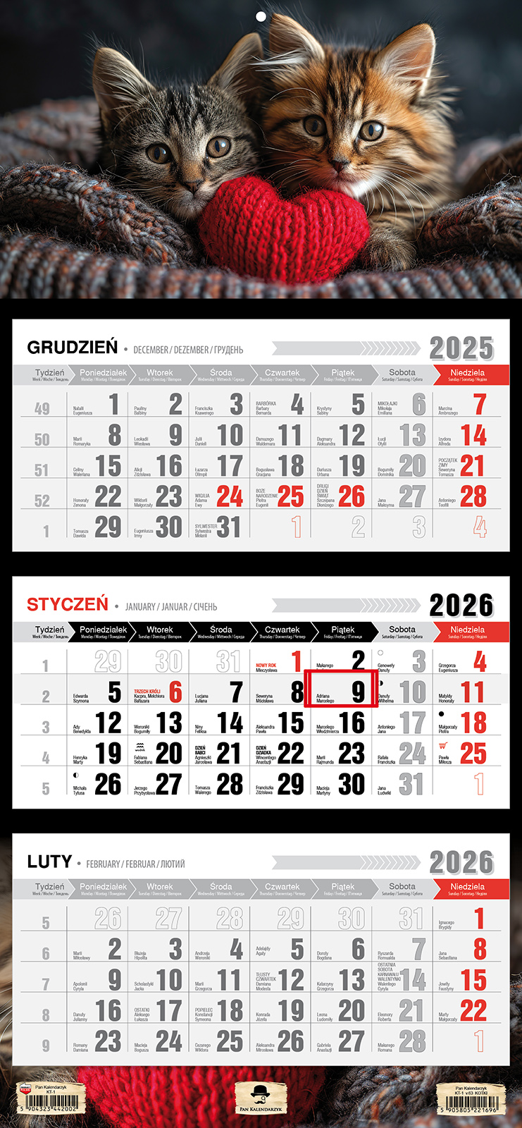Kalendarz naścienny trójdzielny 32x68cm 2026 kotki Pan Kalendarzyk