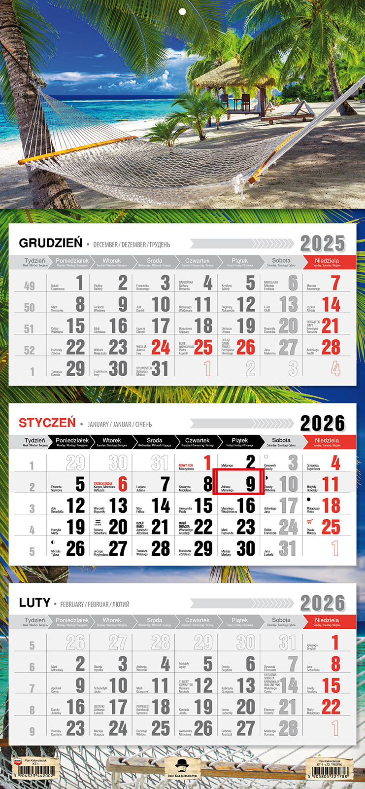 Kalendarz naścienny trójdzielny 32x68cm 2026 tropik Pan Kalendarzyk
