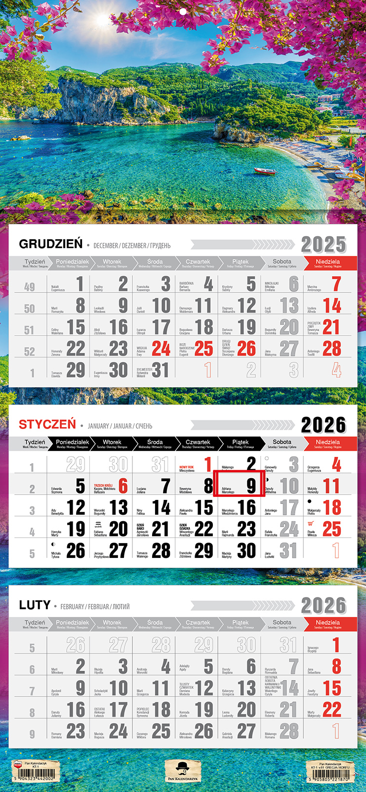 Kalendarz naścienny trójdzielny 32x68cm 2026 Korfu Pan Kalendarzyk
