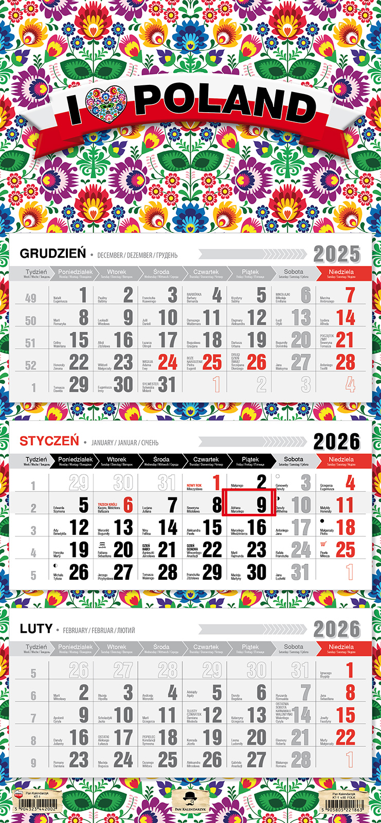 Kalendarz naścienny trójdzielny 32x68cm 2026 folk Pan Kalendarzyk