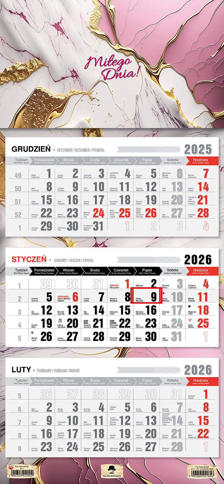 Kalendarz naścienny trójdzielny 32x68cm 2026 glamour pink Pan Kalendarzyk