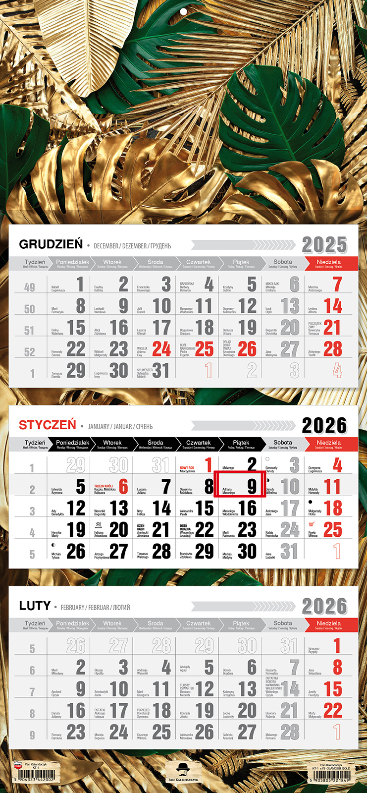 Kalendarz naścienny trójdzielny 32x68cm 2026 glamour gold Pan Kalendarzyk