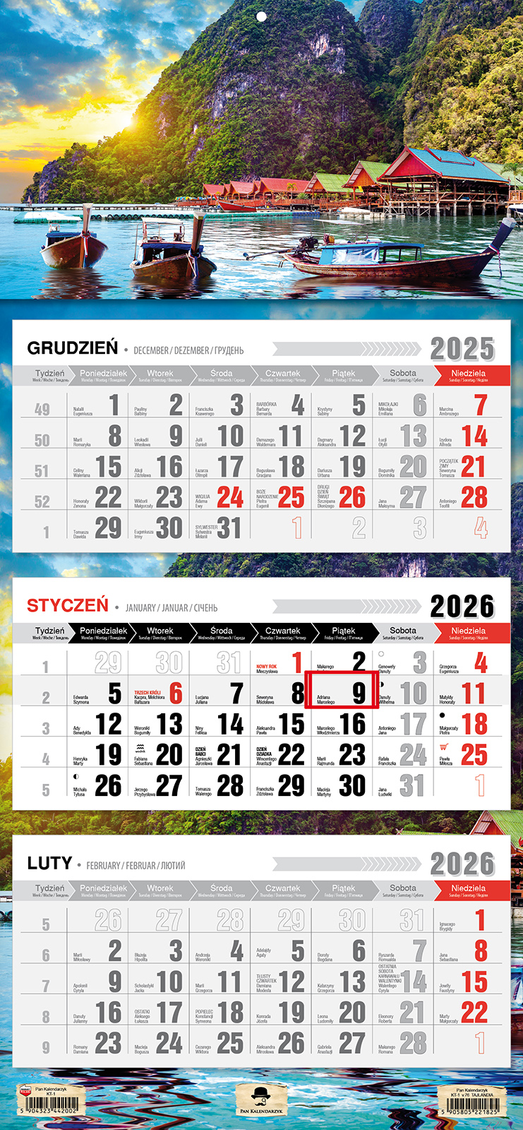 Kalendarz naścienny trójdzielny 32x68cm 2026 Tajlandia Pan Kalendarzyk
