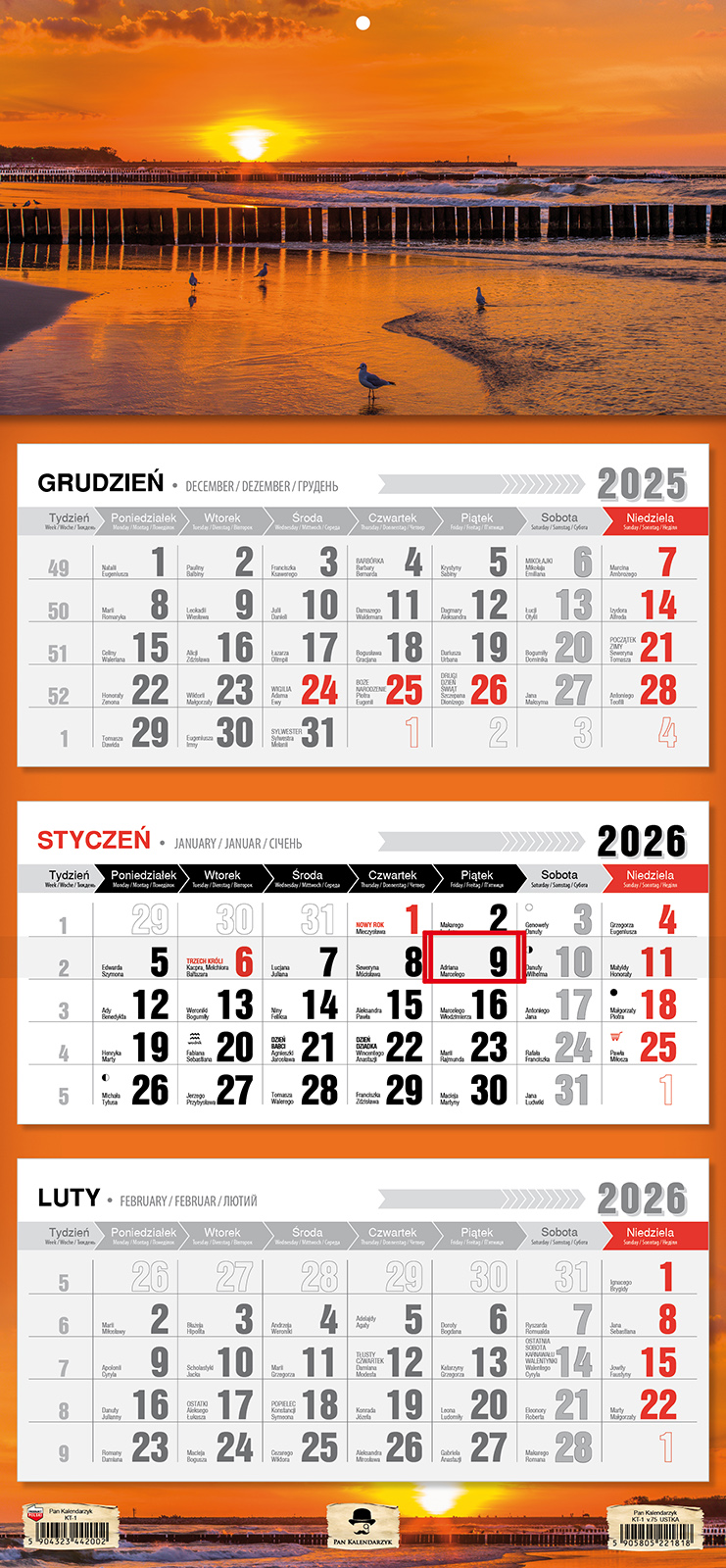 Kalendarz naścienny trójdzielny 32x68cm 2026 Ustka Pan Kalendarzyk