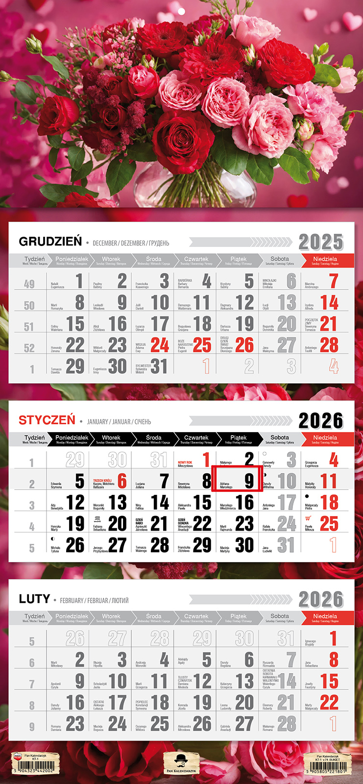 Kalendarz naścienny trójdzielny 32x68cm 2026 bukiet Pan Kalendarzyk