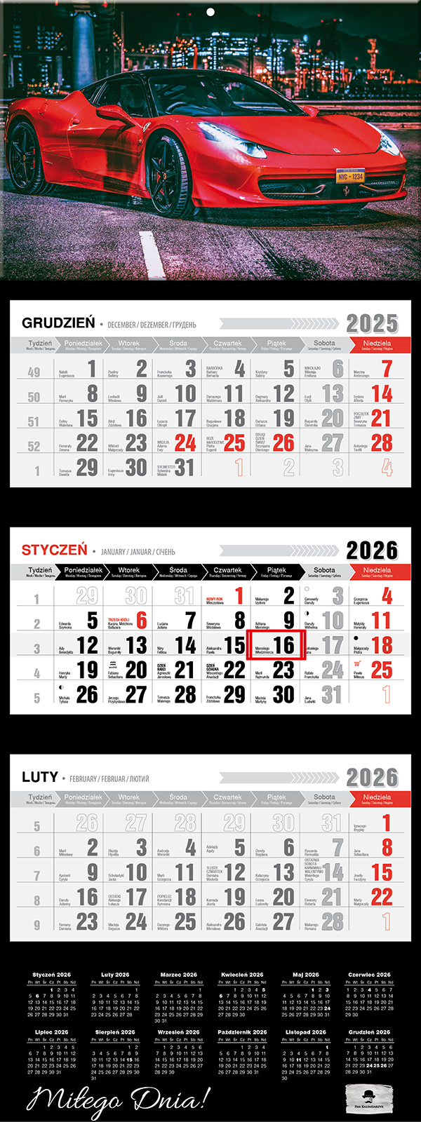 Kalendarz naścienny trójdzielny 32x81cm 2026 super car Pan Kalendarzyk