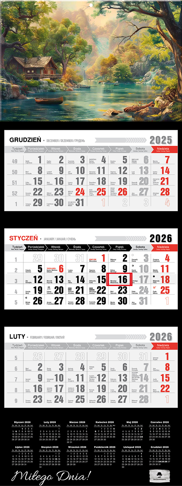 Kalendarz naścienny trójdzielny 32x81cm 2026 pejzaż Pan Kalendarzyk