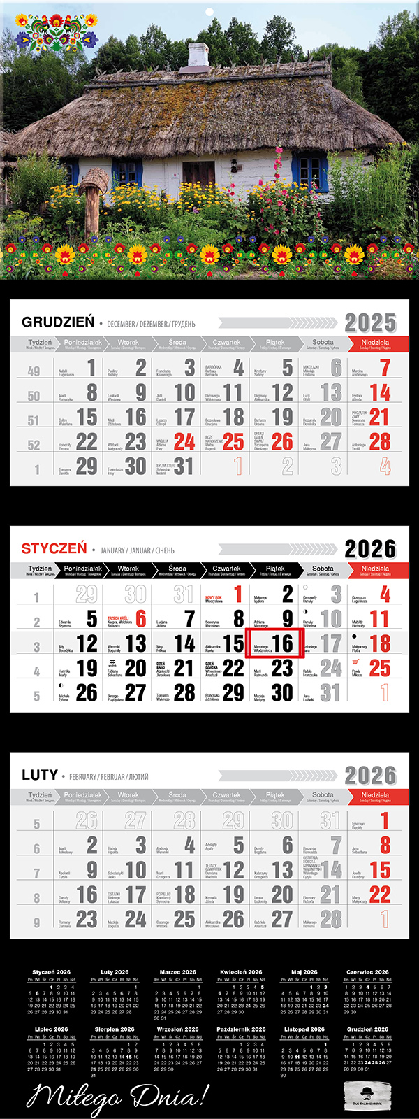 Kalendarz naścienny trójdzielny 32x81cm 2026 wiejska chata Pan Kalendarzyk