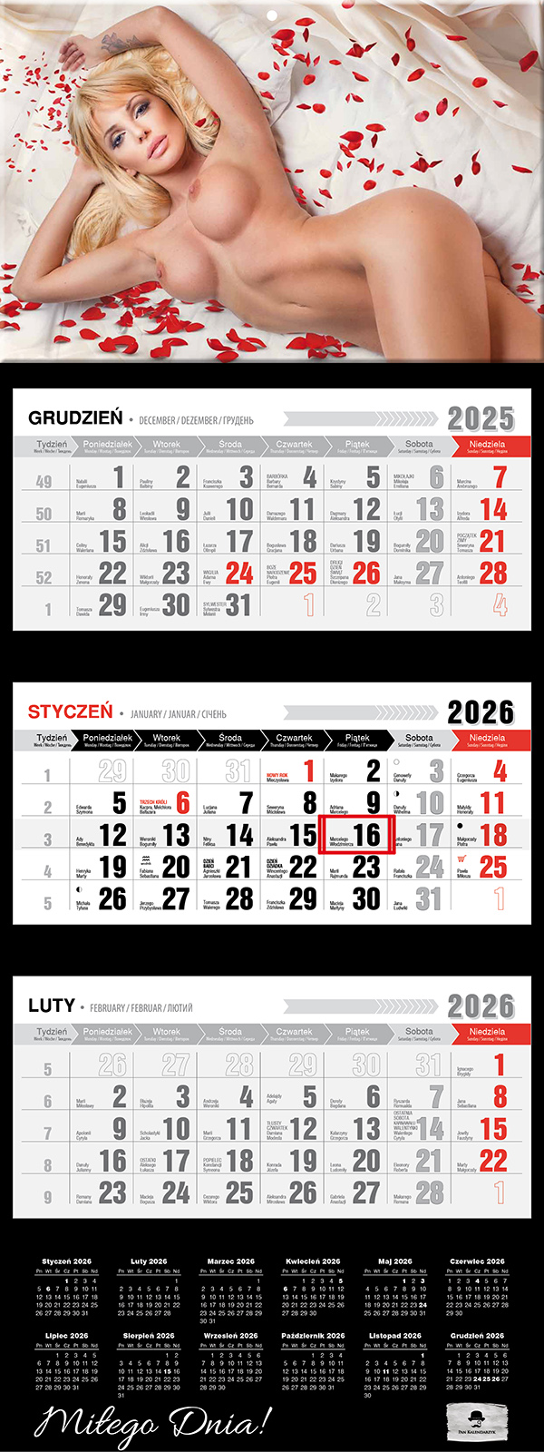 Kalendarz naścienny trójdzielny 32x81cm 2026 kobieta Pan Kalendarzyk