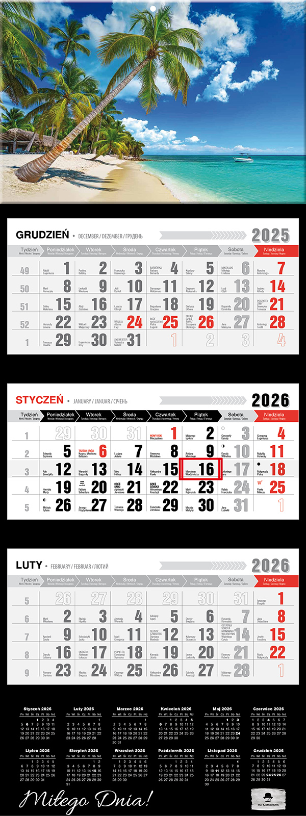 Kalendarz naścienny trójdzielny 32x81cm 2026 Dominikana Pan Kalendarzyk