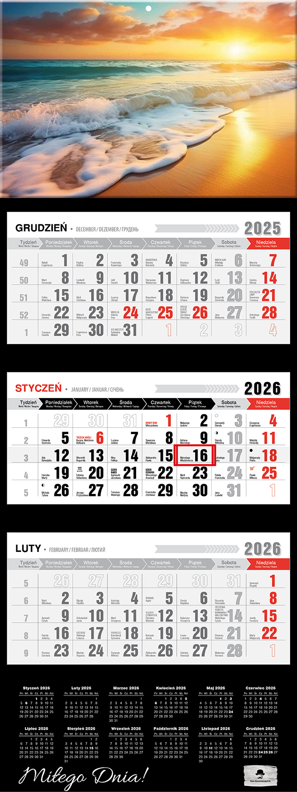 Kalendarz naścienny trójdzielny 32x81cm 2026 ocean Pan Kalendarzyk