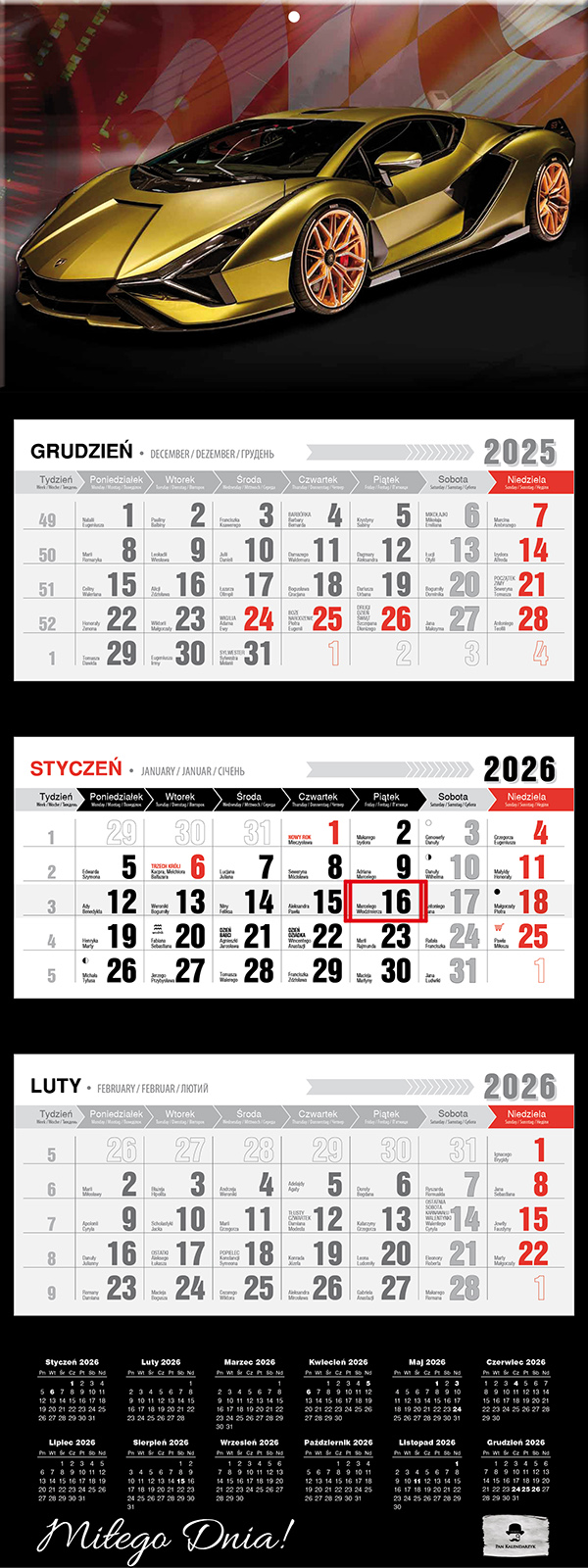 Kalendarz naścienny trójdzielny 32x81cm 2026 lux car Pan Kalendarzyk