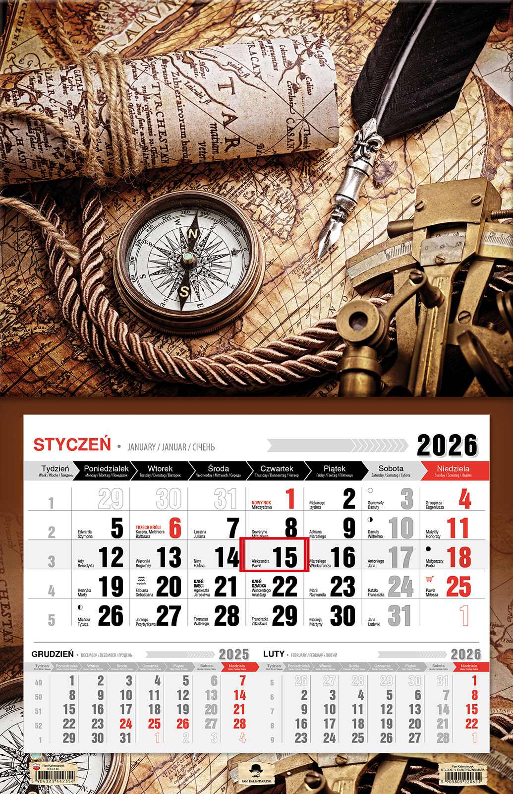 Kalendarz naścienny jednodzielny 44x68cm 2026 antyczna mapa Pan Kalendarzyk
